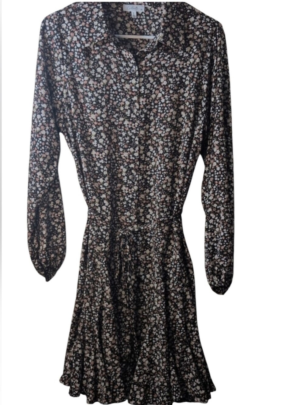 Calista Button-Front Long Sleeve Floral Dress — Black with Cream & Pink Flowers